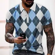 Men's Plaid Zip Polo Shirts Golf Shirt Short Sleeve Polo Shirts Collared Shirts Casual Vacation Wear Formal Wear Festival Wear 3D Print Quarter Zip Polo Blue