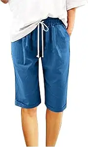 [Generic] Women's Linen Shorts Casual Bermuda Knee Length Linen Shorts High Waisted Comfy Summer Short with Pockets 10"
