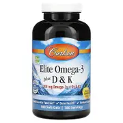Carlson, Elite Omega-3 Plus D & K, Natural Lemon Flavor, 180 Soft Gels