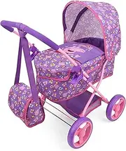 Peppa Pig: Doll Deluxe Pram & Bag - Purple, Pink, Flowers - Accessory for Dolls Up to 18", Shoulder Bag, Foldable, Retractable Canopy, Kids to, Age 3+