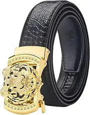 [VJK] Luxury Men's Belts Gold Tiger Head Automatic Buckle Alloy, PU Leather Men Waist Strap, Slide Easier Adjustable Belt, Cut To Fit, Men Dress Casual Ratchet Belt