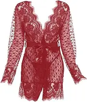 [Generic] Women Sexy V-Neck Kimono Robe Floral Lace Mesh Nightgown Lingerie Babydoll Nightdress Sheer Chemise Cover ups (Red,XX-Large), Red, XX-Large