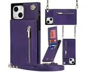 IPhone 15 Wallet Case With Wrist Strap, PU Leather Phone Case For Women-Purple