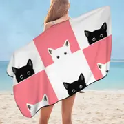 Pink White Panel and Black White Cats Microfiber Beach Towel