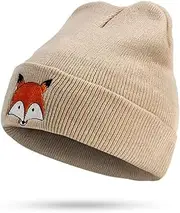 [YUN MENG] Knit Hat Fox Embroidery Unisex Any Size Head Comfortably (Color : Khaki, Size : 55-60cm)
