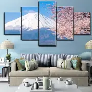 Snowy Mt Fuji Japan Volcano Peak Framed 5 Piece Nature Canvas Wall Art Painting