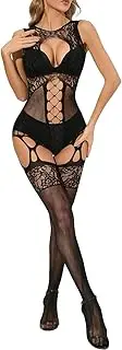 [LINUMIN] Women Body Stockings Sexy, Exotic Dancer Fishnets Lingerie Glow Party, Fishnet Bodysuit Rave Outfits Club Plus Size, Black, One Size