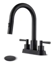 Bathroom Sink Faucet with Pull Out Sprayer 2 Handles, Matte Black Pull Down B...