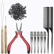 Hair Extension Kit,Sonku Pliers Pulling Hook Bead Device Tool Kit 200 Pcs Black Silicone Lined Micro Rings Beads 2 Pcs Combs 5 Pcs Silver Metal Alligator Hair Pins for Hair Styling Tools Accessory