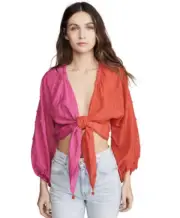 NWT Farm Rio Colorblock Pineapple Tie Front Blouse Red/Pink Size Small