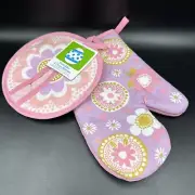 Easter Blessings 2 Piece Potholder & Oven Mitt Set Easter Spring Flowers Pink