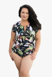 LaSculpte Chlorine Resistant Short Sleeve One Piece Swimsuit Vacation leaf-Multi