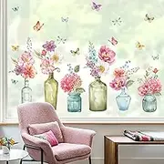 Wondever Spring Flowers Window Clings Floral in Jars Butterflies Glass Sticker Decal Anti Collision Double-Side Static Window Decals for Home
