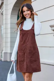 Cupshe Brown U-Neck Sleeveless Corduroy Pinafore - Coffee/Espresso/Tobacco,M