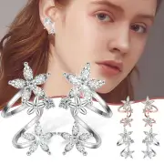 Crystal Flower Ear Clips Teardrop Dangle Ear Cuffs Silver Zirconia Stud