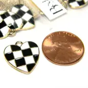 12 Black & White Checkered Race Flag Heart Shaped Gold & Enamel Win Metal Charms