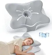 Ruizman Memory Foam Neck Pillow - Cooling Cervical Pillow for Neck Pain Relief - Ergonomic Neck Pillow for Side Back Sleeping (Grey White)