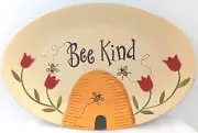 Bee Kind Wood Oval Plate Sign Hang Beehive Tulip Floral Bumble Yellow Red Green