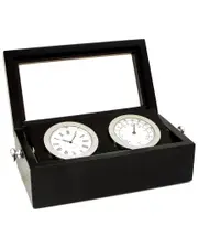 Bey-Berk Chrome Clock & Thermometer in Black Hinged Box