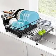 Koyocaarr Expandable 2-in-1 Dish Drying Rack with Drainboard, Over The Sink Dish Drainer Drying Rack, Large Utensil Holder for Kitchen Counter, Black