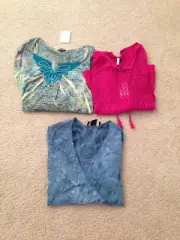 Lot of 3 Boho 3/4 Sleeve Hippie Top Peasant Magenta Lacey Green Rhinestones Blue