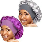 ASHILISIA 2 Pcs Wide Elastic Band Satin Sleep Bonnet Soft Night Sleeping Cap for Women