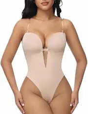 [SHAPSHE] Backless Shapewear for Women Strapless Deep V Bodysuit Low Back Body Shaper, Tan, Medium