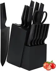 Knife Set with Block, 14 Pieces Kitchen Knife Set, High Carbon Stainless Steel Knife Block Set, Knives Set for Kitchen with Built-in Sharpener, Dishwasher Safe Cutlery, Black