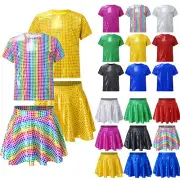 Girls Metallic Tops Shirts Sparkly Shiny Flared Pleated A-Line Skirt Cheerleader