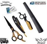 SHARPEND BARBER RAZOR SHAVING BEARD BUNDLE SALON HAIRDRESSING SCISSORS +10 BLADE