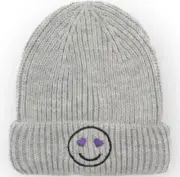 NWT NORDSTROM Knit Beanie Hat Grey Embroidered Smiley Face