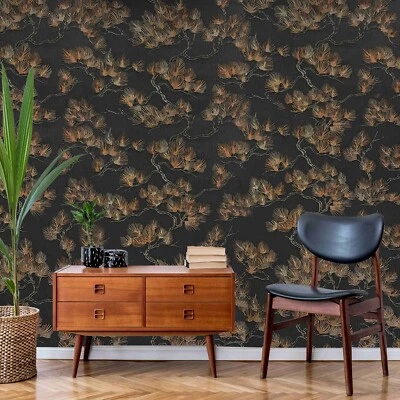 Pine branches black bronze faux fabric oriental embroidery textured wallpaper 3D