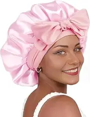 Satin Silk Bonnet Sleeping HYALURONIC Acid Satin Bonnet for Double Moisture Curly Hair Anti-Frizzy Cute Large Shower Night Sleep Cap with Adjustable Tie Band for Women and Men (Standard Pink)