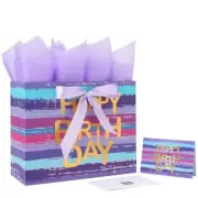 13" Large-blue Multicolor Watercolor Gift Bag Set with Greeting Card and Purple