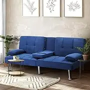 Oikiture Sofa Bed with Cup Holder 3 Seater Lounge Couch Chair Velvet Folding Sofa Blue