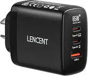 LENCENT USB C Fast Charger, 65W PD GaN3 Fast Wall Charger, 3-in-1 USB Power Adapter AUS Plug, PPS Type-C Charger Compatible with iPhone, Mac Book Air, Laptop etc.(Black)