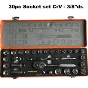 SOCKET SET 30pc - 6 point sockets, CRV steel 3/8" DR. in METAL CASE- NEW.