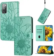 SATURCASE Case for Samsung Galaxy S20 FE 5G, Sunflower Embossing PU Leather Flip Magnet Wallet Stand Card Slots Hand Strap Protective Cover for Samsung Galaxy S20 FE 5G (HE-Green)
