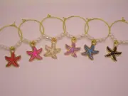 Set of 6 enamel starfish wine glass charms - handmade