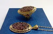 Large Cluster Gemstone Rhodolite Garnet Sterling Silver 14kt 7 Ring/Necklace Set