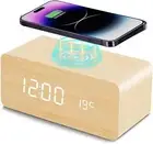 Wooden Digital Alarm Clock with Wireless Charging, 3 Alarms LED Display, Sound