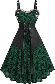 [ROSE GAL] Rosegal Women Plus Size Gothic Lace-up PU Leather Patchwork Flocking Midi Dress Buckles Lace Trim Vintage Goth Midi Dress