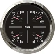 KUS 4 in 1 Waterproof 110mm Dimension Multifunctional Gauge Oil Pressure Fuel Level Water Temp 12V Voltmeter for Auto Marine with Red/Yellow Backlight