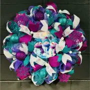 Purple And Teal Winter Wreath Christmas Snowman 24 Inch Handmade Deco Mesh