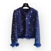 CHANELBlue sequined sequin jacket with detachable feather JACKET 36 size