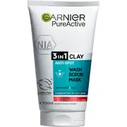 Garnier Pure Active 3-In-1 Clay Wash, Scrub & Mask 150mL