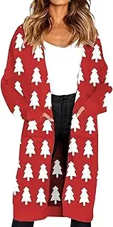 [Angashion] Women's Long Sleeves Leopard Print Knitting Cardigan Open Front Warm Sweater Outwear Coats with Pocket Christmas Tree M