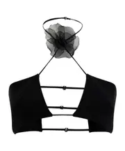 Floral decal neck short top M BLACK