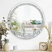 Mirrors for Wall Crystal Crush Diamond Mirror for Wall Round Decor Frameless Silver Wall Mirror Bling And Stylish for Hallway Bathroom Bedroom Living Room 60x60cm