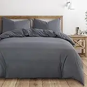 Wake In Cloud - Grey Quilt Cover Set, 1000TC Ultra Soft Microfiber Doona Cover Bedding Set in Solid Plain Color Gray (3pcs, Queen Size)